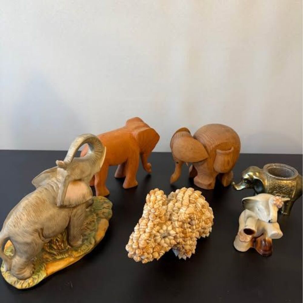 Elephant Figurine Collection - Porcelain, Carved Wood & Seashell (6 Pieces)